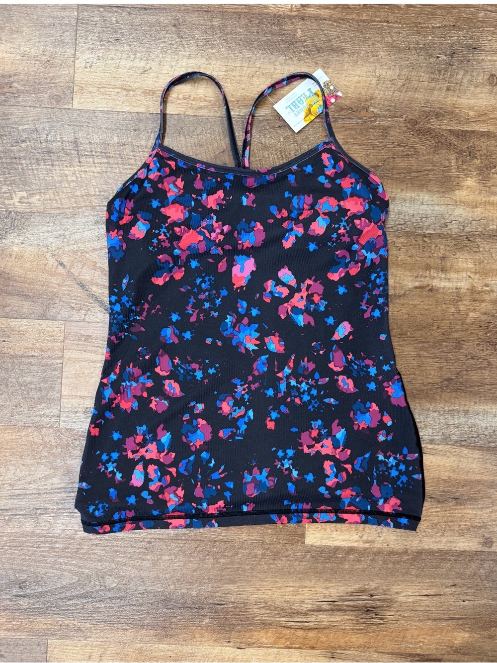 lululemon athletica Black Floral Print Strappy Cami with Pink & Blue Accents